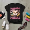 Retro style t-shirt design featuring the text "Pitbull Pitbull Pitbull" surrounding a cute Pitbull dog illustration with a record player