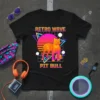 Retro Wave Pit Bull t-shirt design with a vibrant 80s sunset, geometric shapes, and a stylized pit bull graphic