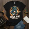 Black t-shirt with ROCK ON! Blues Power text and a blue pitbull playing guitar amidst flames and lightning bolts