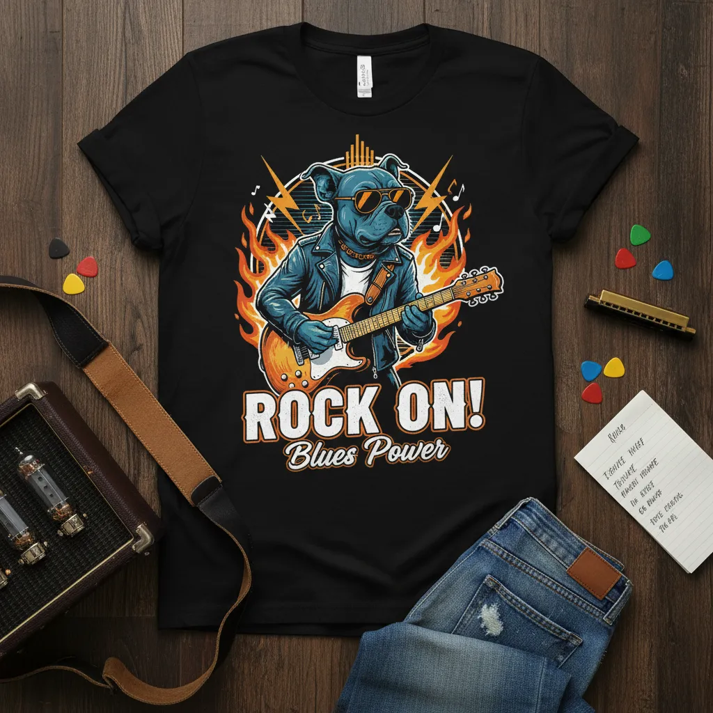 Rock On! Blues Power Dog Guitar T-Shirt Music Lover Gift