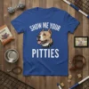 Show Me Your Pitties t-shirt design featuring a happy Pitbull dog illustration and bold white text