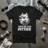 Black t-shirt with white text "SHOW ME YOUR PITTIES" and a graphic of a pitbull wearing sunglasses