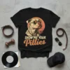Show Me Your Pitties t-shirt featuring a pitbull wearing sunglasses with a sunset graphic