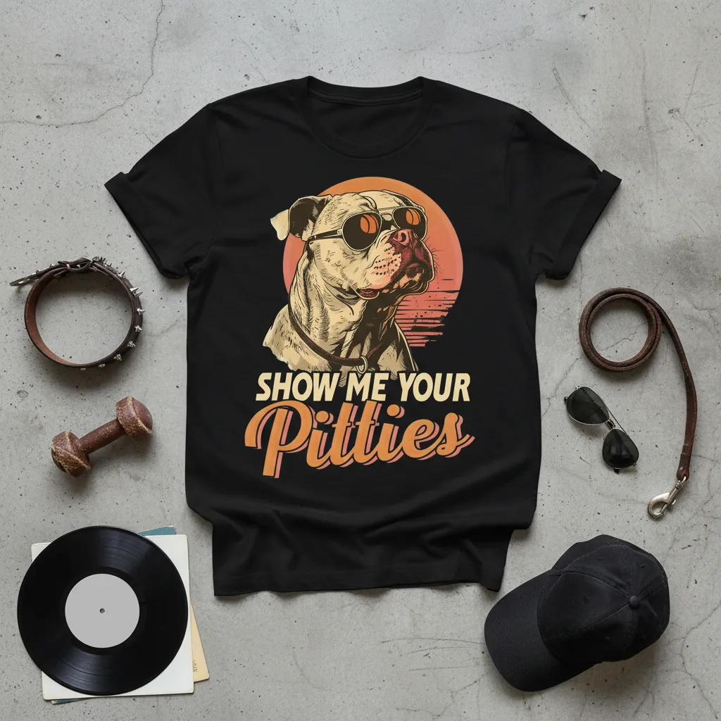 Show Me Your Pitties humorous text design with a cool pitbull wearing sunglasses graphic