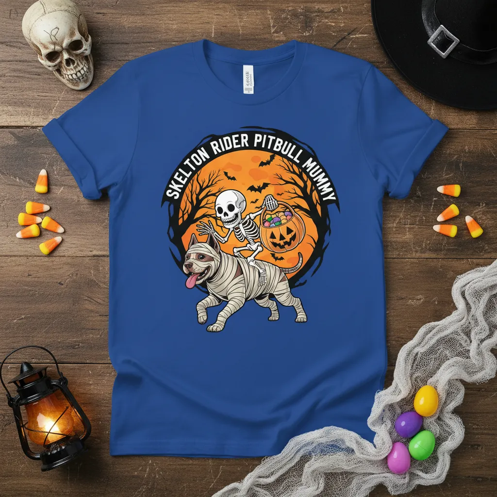 Skelton Rider Pitbull Mummy Halloween T-Shirt Funny Dog Lover Gift