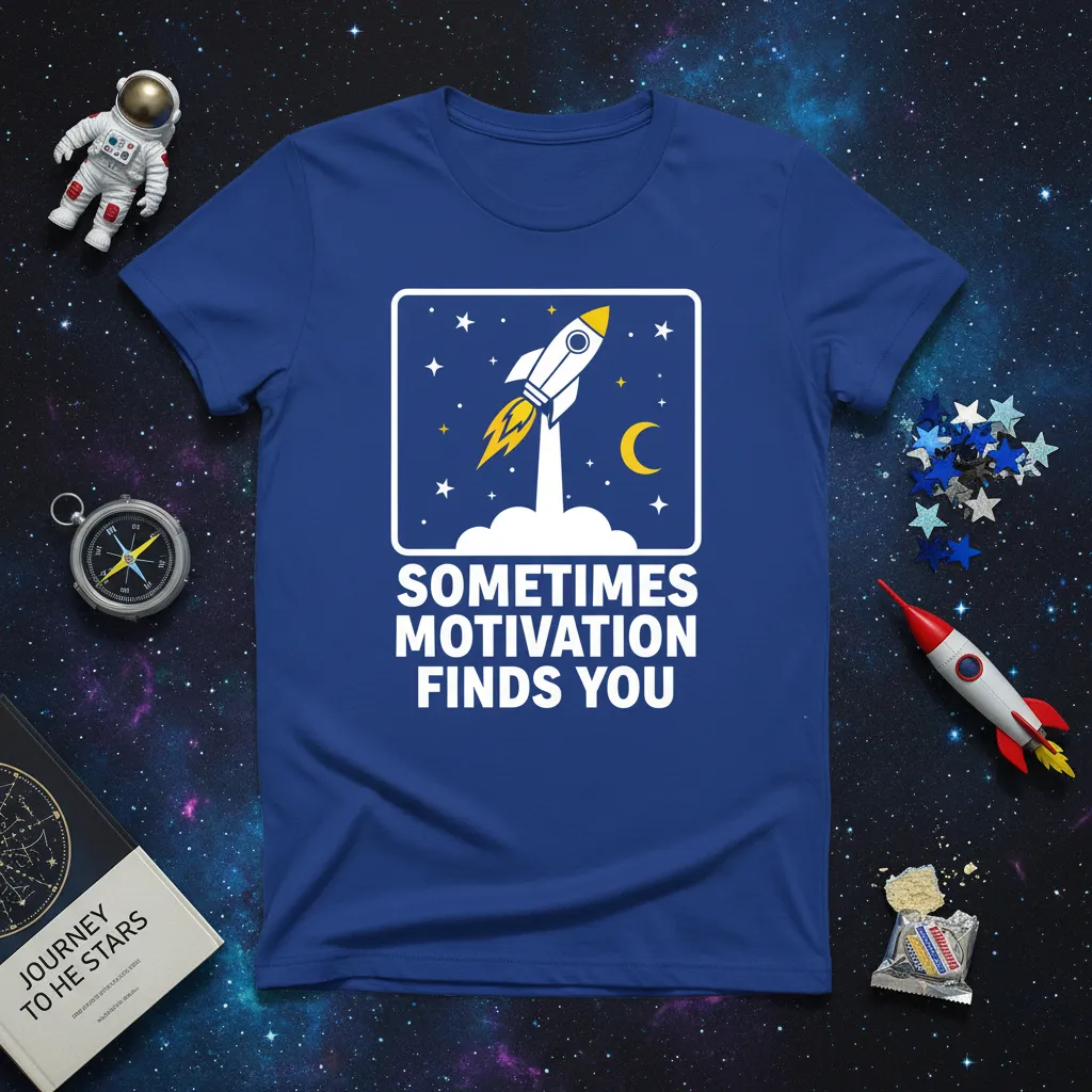 Sometimes Motivation Finds You quote with rocket ship graphic on blue tee for space and motivational themes