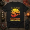 Spooky Night Halloween Graryard Dog t-shirt design featuring a dog silhouette against a full moon and bats