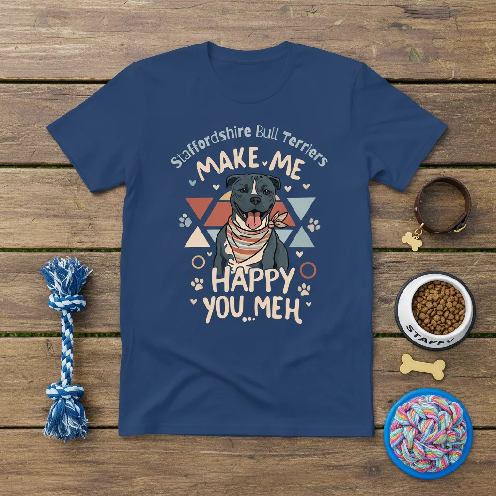 Staffordshire Bull Terriers MAKE ME HAPPY YOU MEH quote on a navy blue t-shirt featuring a happy Staffy dog graphic