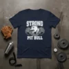 Strong Pit Bull design on a navy blue t-shirt with a graphic of a pit bull's head wearing a chain