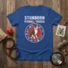 Stubborn Pitbull Tricks t-shirt design featuring a pitbull and list of commands like Sit, Shake, Fetch, Come, Down, Roll Over