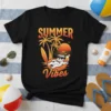 Summer Vibes t-shirt featuring a sunglasses-wearing bulldog relaxing in a pool float with palm trees and a sunset graphic