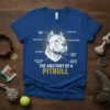 The Anatomy Of A Pitbull T-Shirt design with a diagram of a pitbull's head and humorous labels like "Treat Detection"