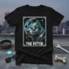The Pitte cyberpunk pitbull dog design on a black t-shirt with moon and stars motif