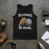 Black tank top with "The Struggle Is Real" text and a cartoon bear pushing a large rock, representing gym effort