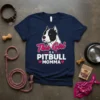 This Girl IS A PITBULL MOMMA text design with a pitbull graphic on a navy t-shirt