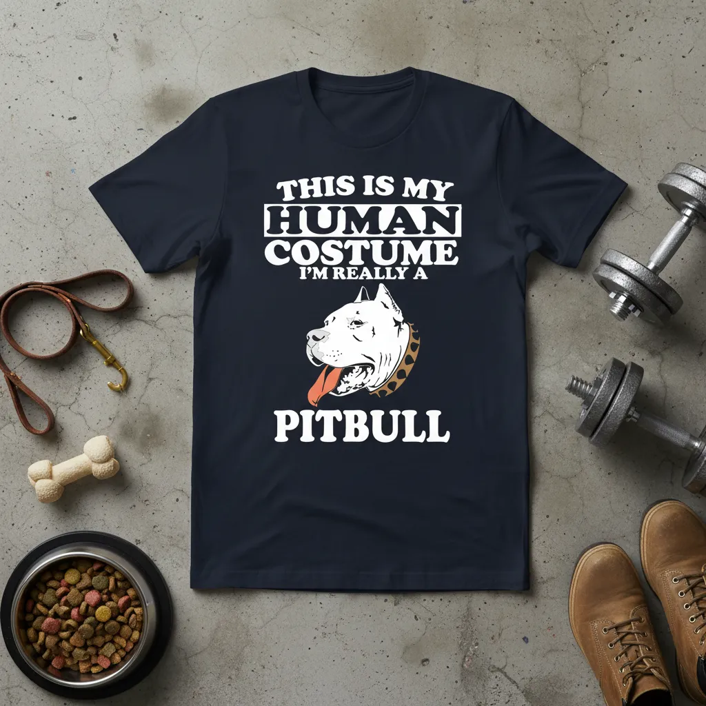 This Is My Human Costume I'm Really A Pitbull quote with pitbull graphic on a dark t-shirt