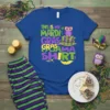 Royal blue t-shirt with "THIS IS MY MARDI GRAS GRAS PAJAMA SHIRT" text, featuring a purple and green owl graphic