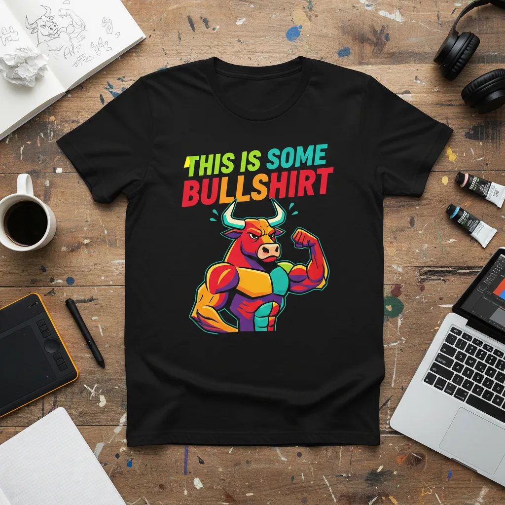 This Is Some Bullshirt quote design featuring a muscular bull flexing, printed in vibrant colors on a black tee