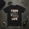 Thug Life t-shirt design featuring a smoking bulldog with intense eyes and the words "THUG LIFE" in bold letters