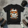 URBAN BRAWLER PIT BULL CREW text on a black t-shirt with a graphic of a pit bull wearing sunglasses