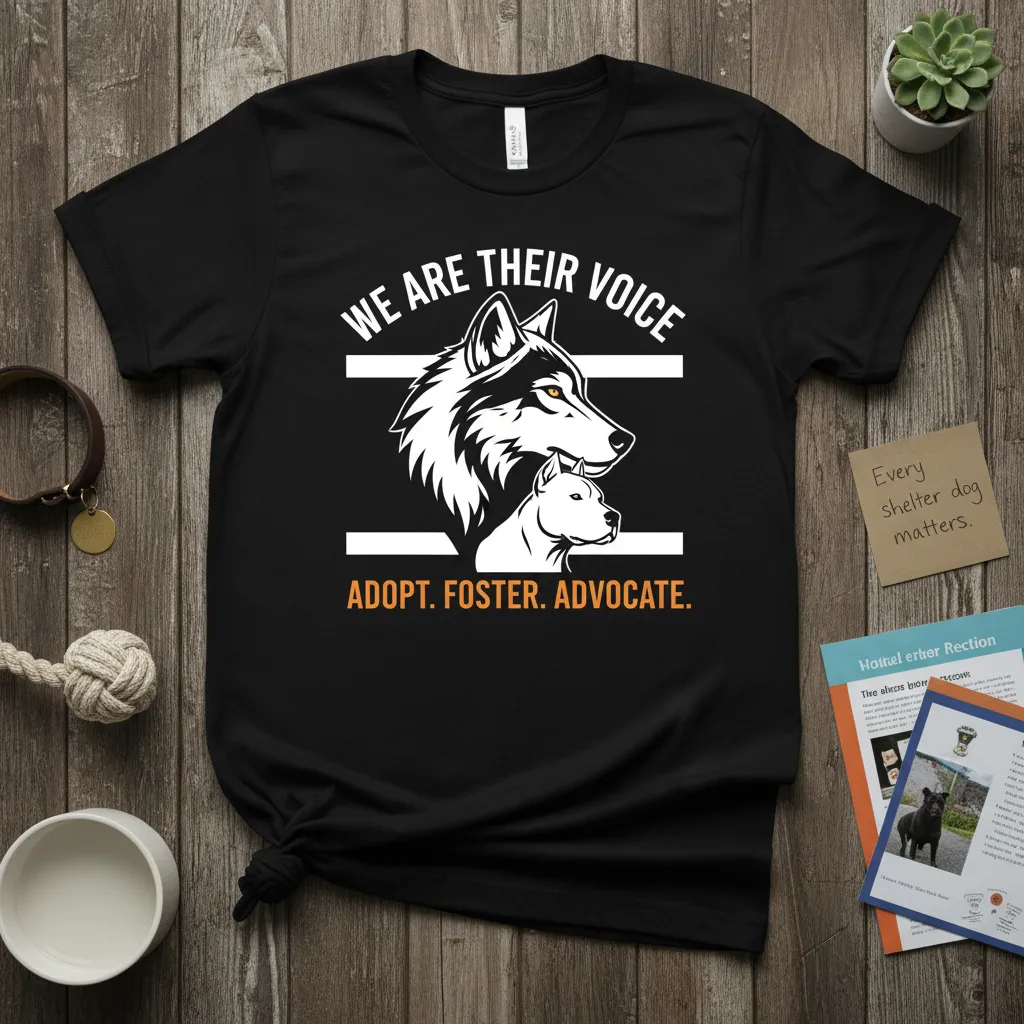 WE ARE THEIR VOICE ADOPT FOSTER ADVOCATE text with wolf and dog graphic on a black t-shirt