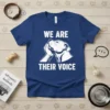 White text "WE ARE THEIR VOICE" with a graphic of a person holding a pitbull's face on a blue t-shirt