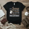 Text design "With Jesus In Her Heart & Pitbull By Her Side She Is Unstoppable" with a pitbull graphic and