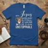 T-shirt design with text "With Jesus In Her Heart & Pitbull By Her Side She Is Unstoppable" and a pitbull