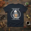 Skeleton hugging a happy dog with text "You Make Me Feel Alive" on a navy t-shirt
