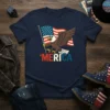Navy t-shirt with the word 'MERICA in red and blue, an eagle holding a US flag, and patriotic colors