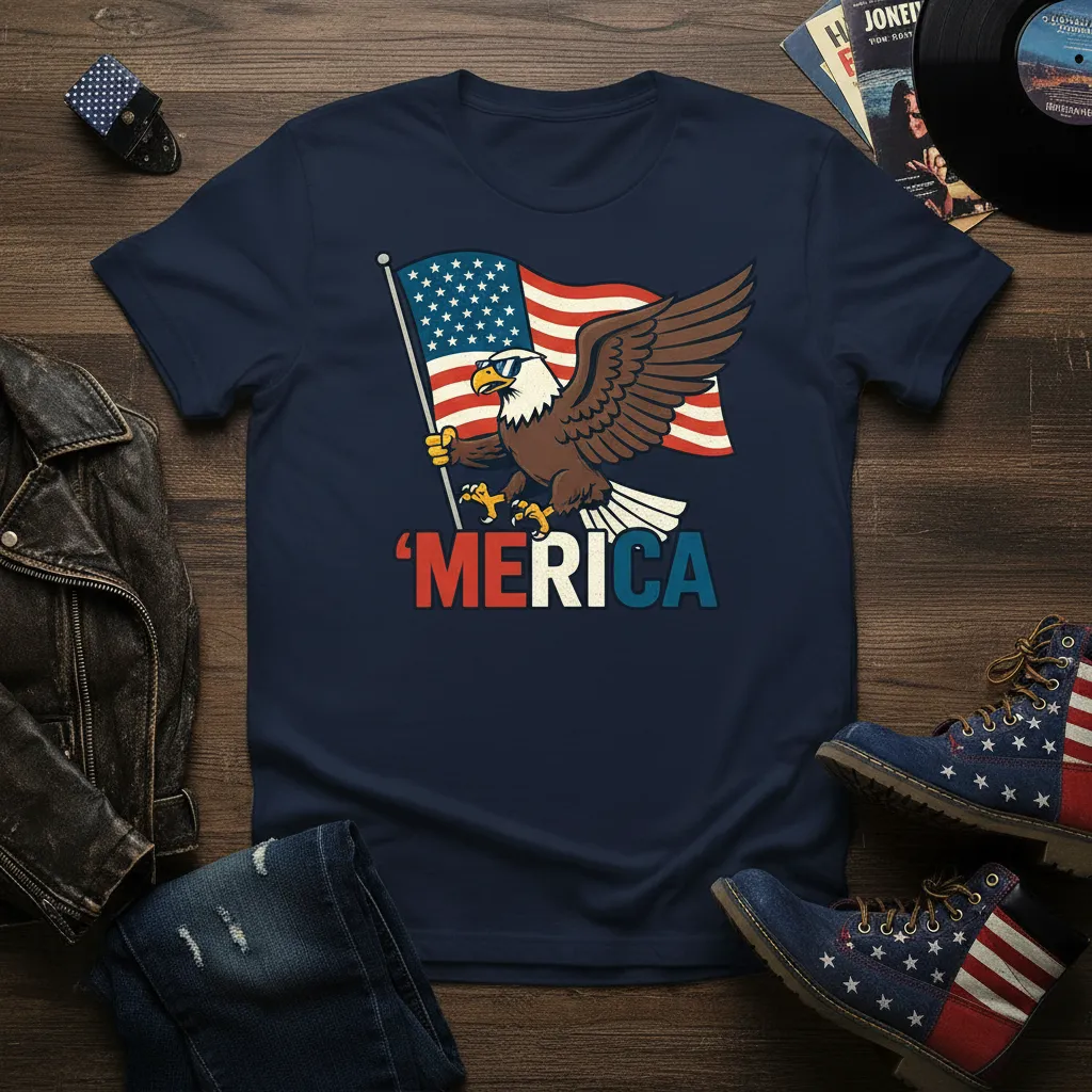 Eagle holding USA flag with 'MERICA text, patriotic graphic tee design