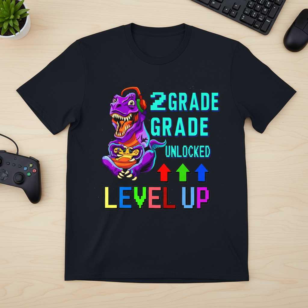 2nd Grade Unlocked Level Up Gamer T-Rex T-Shirt, Funny School Graphic Tee