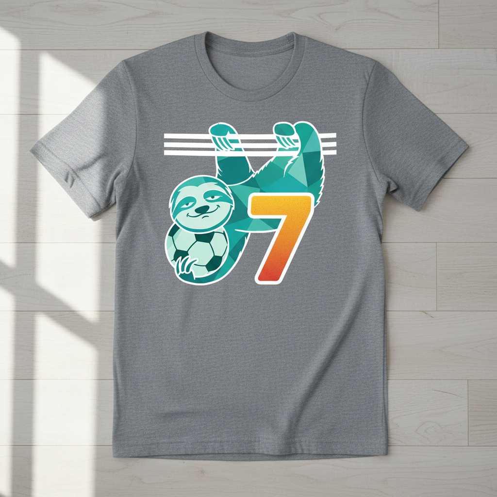 7 Cute Sloth Playing Football T-Shirt, Funny Soccer Graphic Tee Novelty Gear