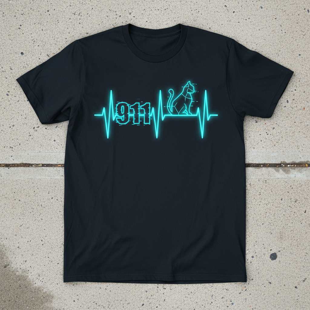 911 Cat Heartbeat Graphic T-Shirt, Funny Emergency Dispatcher Tee Unisex Merch
