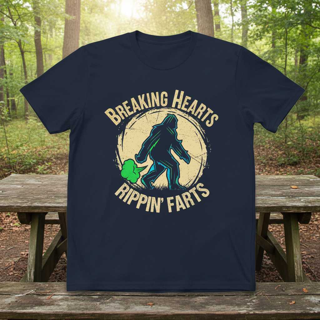 Breaking Hearts Rippin Farts Retro Bigfoot Distressed T-Shirt, Funny Novelty Tee