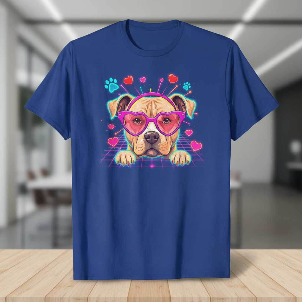 Cute Pitbull Heart Sunglasses Retro 80s T-Shirt, Novelty Valentine Dog Tee Idea