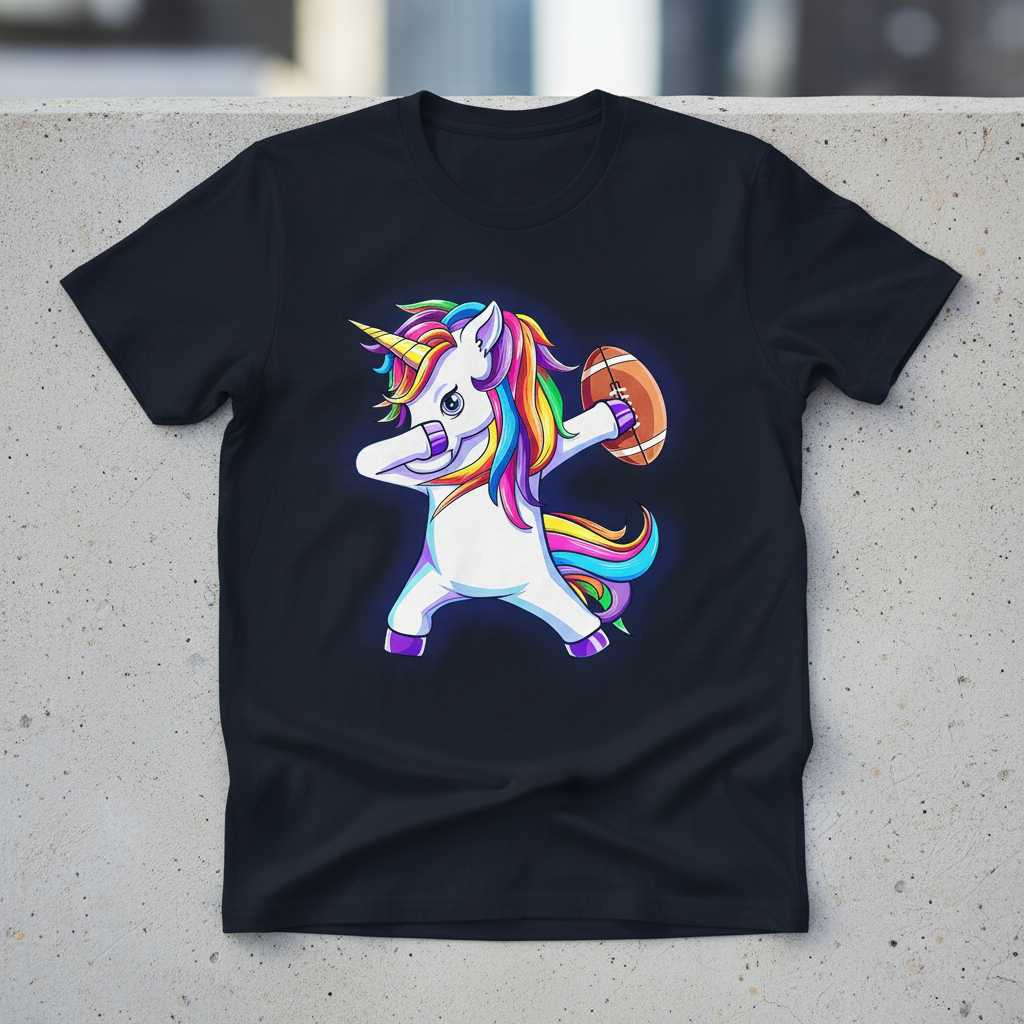 Dabbing Unicorn Football Graphic T-Shirt Cute Funny Sports Tee Gift Idea