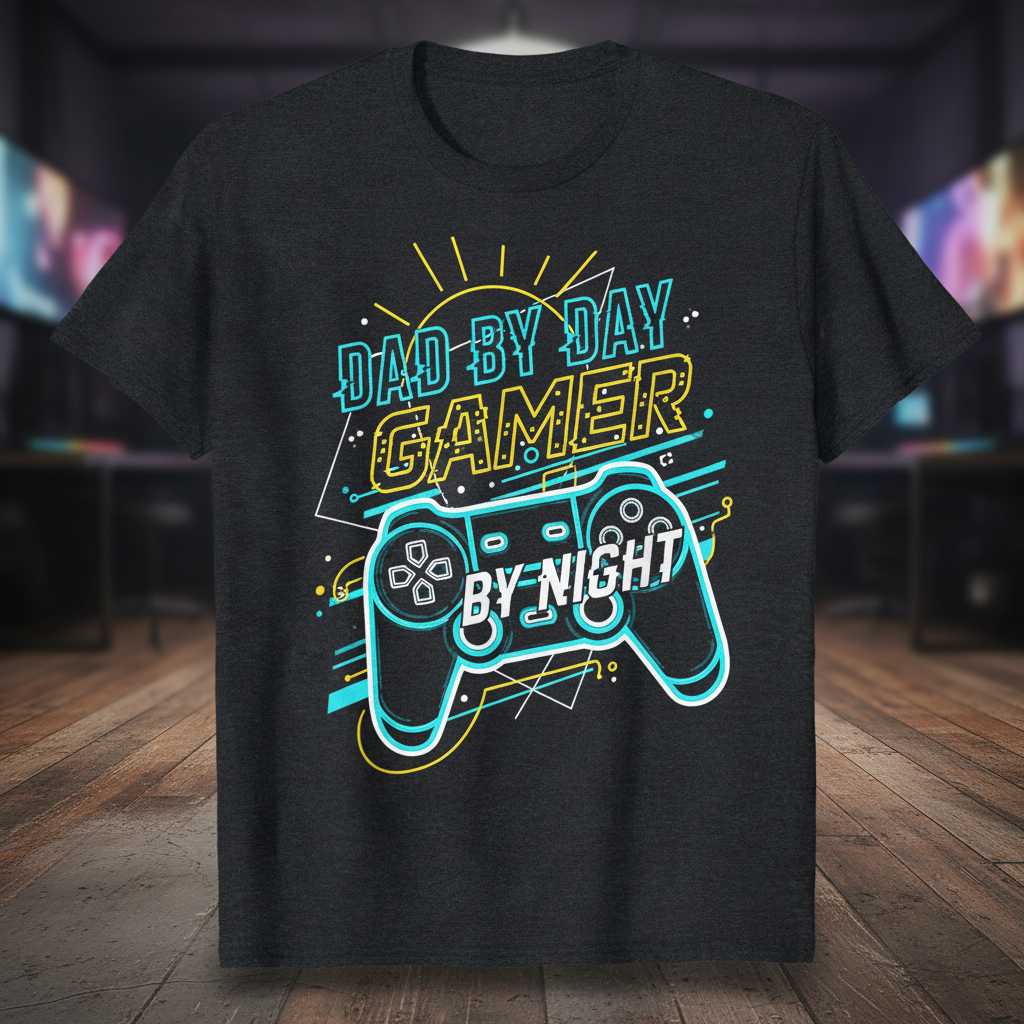 Dad By Day Gamer By Night Graphic T-Shirt, Funny Novelty Tee Merch Idea