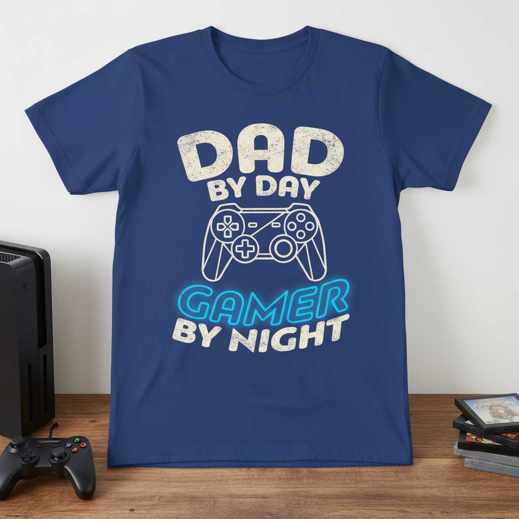 Dad By Day Gamer By Night Vintage Distressed T-Shirt, Funny Graphic Tee Idea