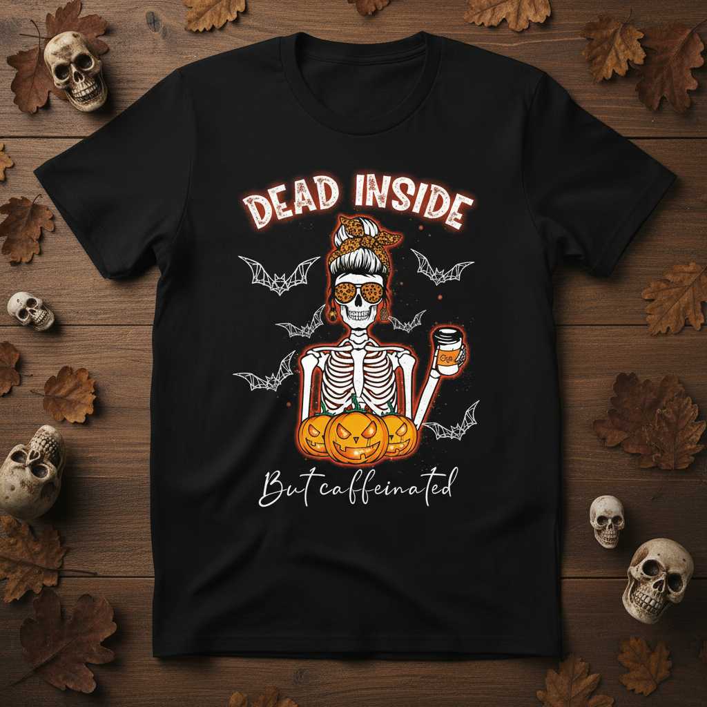 Dead Inside But Caffeinated Retro Skeleton T-Shirt, Funny Halloween Tee Outfit