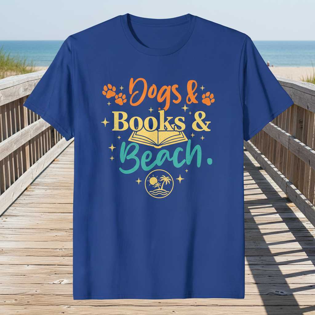 Dogs & Books & Beach. T-Shirt, Cute Novelty Summer Vacation Tee Top Idea