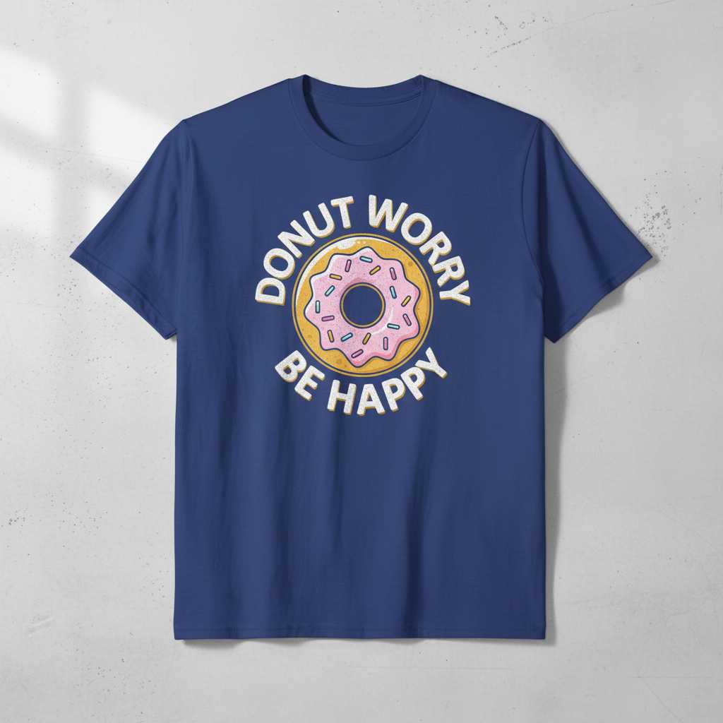 Donut Worry Be Happy Graphic T-Shirt, Funny Cute Food Pun Tee Gift Idea
