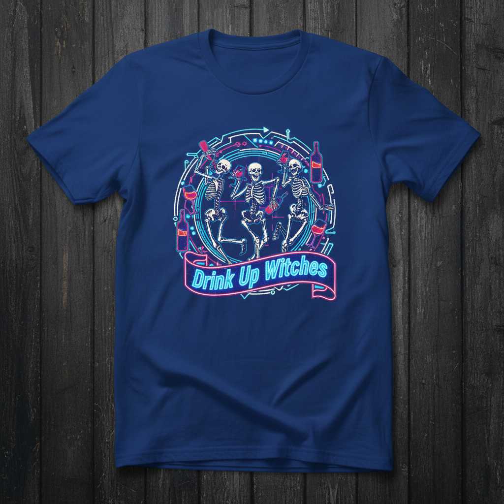 Drink Up Witches Dancing Skeletons Graphic T-Shirt Funny Halloween Tee Top