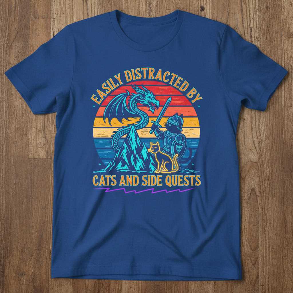 Easily Distracted By Cats And Side Quests Retro T-Shirt, Funny Gaming Tee Idea