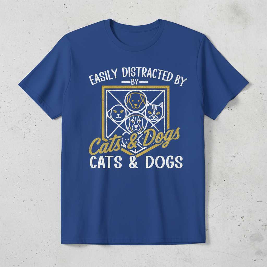 Easily Distracted By Cats & Dogs Vintage T-Shirt, Funny Novelty Tee Idea