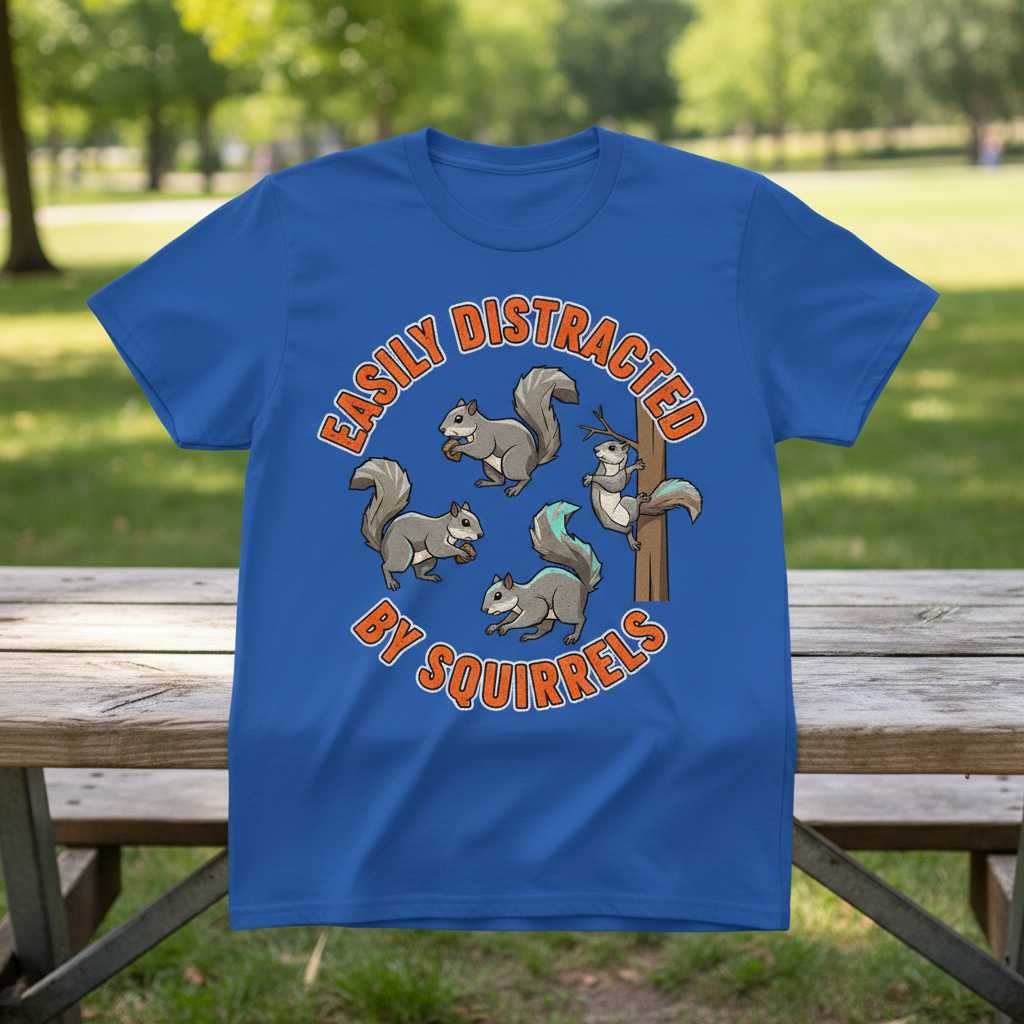 Easily Distracted By Squirrels Graphic T-Shirt, Funny Novelty Tee Gift Idea