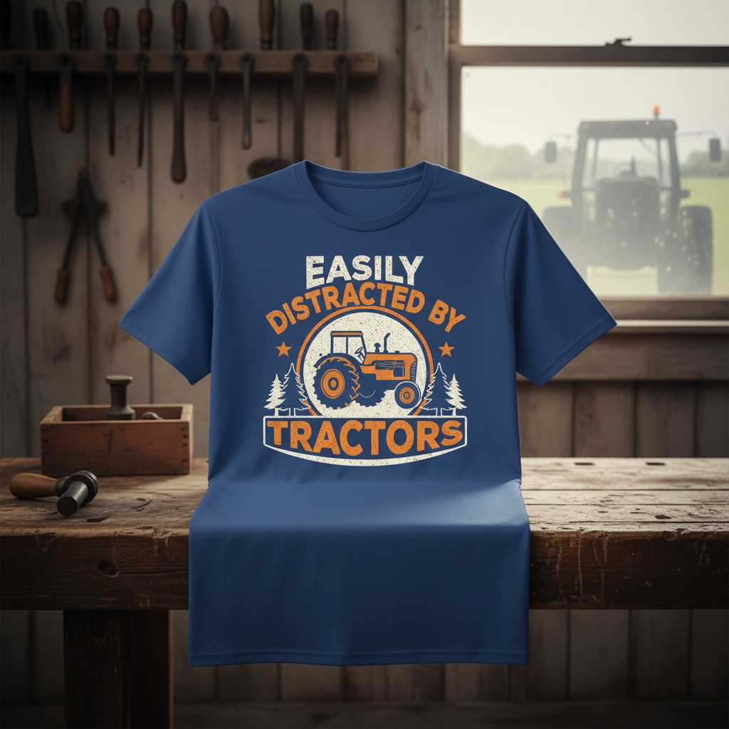 Easily Distracted By Tractors Vintage Retro T-Shirt, Funny Graphic Tee Idea