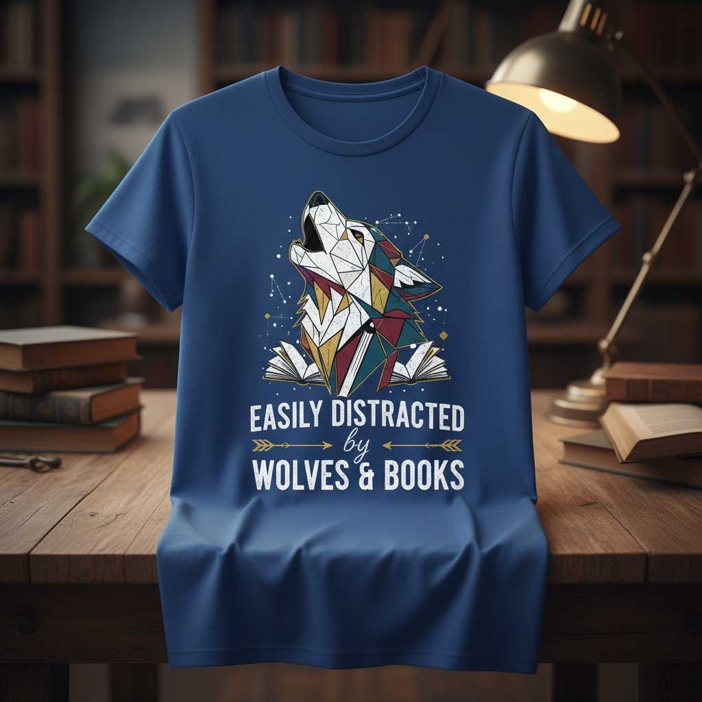 Easily Distracted By Wolves & Books Graphic T-Shirt Funny Unisex Tee Gear