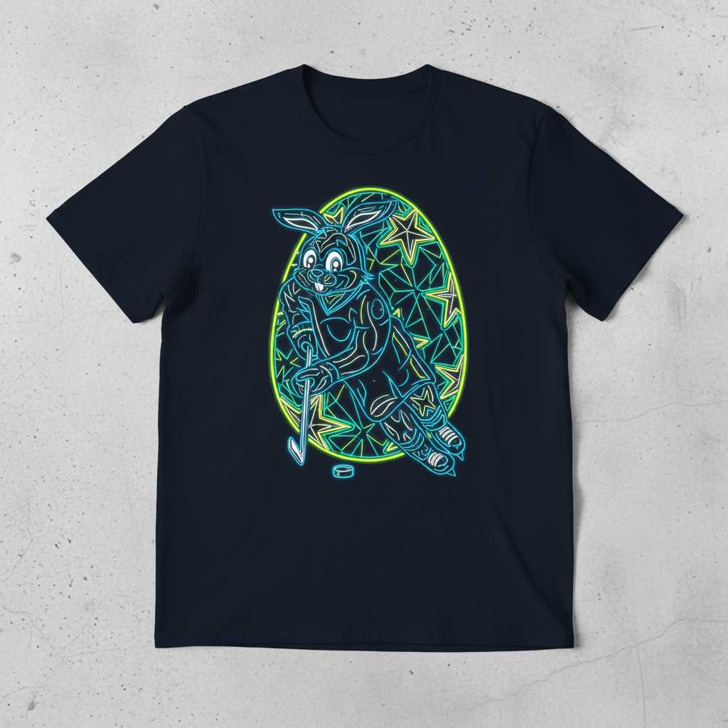 Easter Bunny Ice Hockey Egg Neon Graphic T-Shirt, Novelty Sports Tee Gear