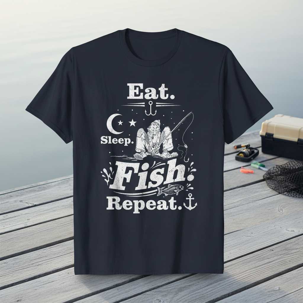 Eat Sleep Fish Repeat Distressed T-Shirt, Funny Fisherman Tee Novelty Gear